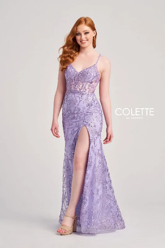 Statement Sleeve Dress Colette CL5203 Fitted Long Formal Sequin Glitter Prom Dress