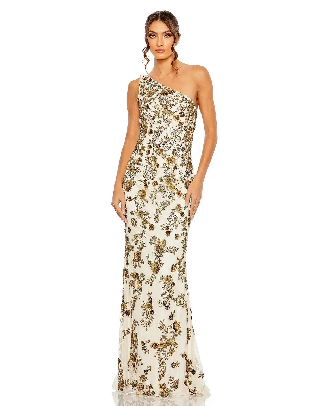 Crystal Beaded Dress Mac Duggal 5955 Long Floral Beaded One Shoulder Dress