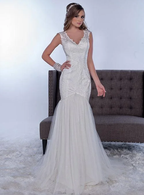 Adagio Bridal W9268 Ivory Size 8 Lace Mermaid Sheer Wedding Dress V Neck