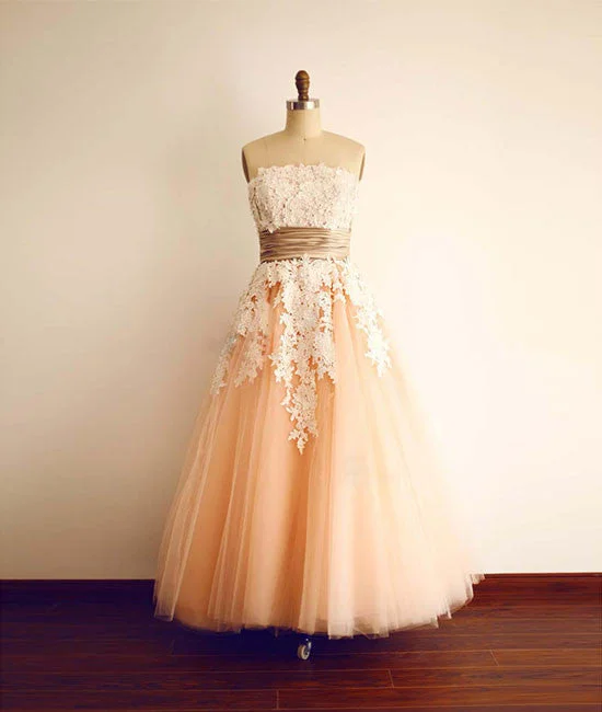 Champagne Tulle lace tea length Prom Dress, Bridesmaid Dress