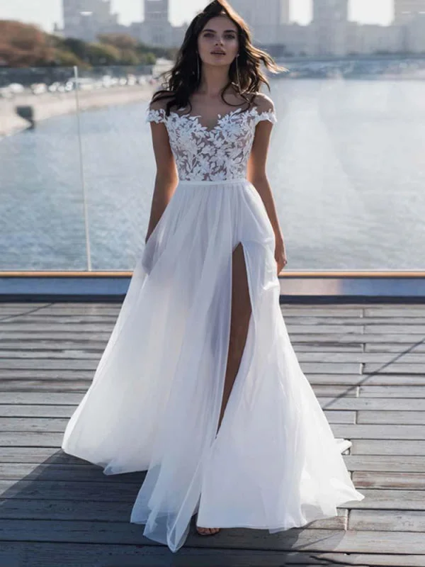 Cap Sleeves Covered Button High Split Wedding Dresses