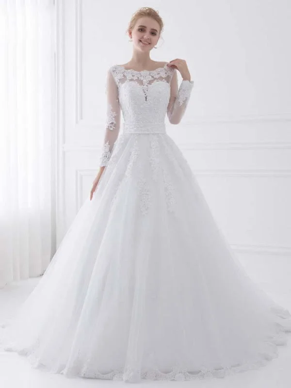 Long Sleeves Lace Ribbon Ball Gown Wedding Dresses