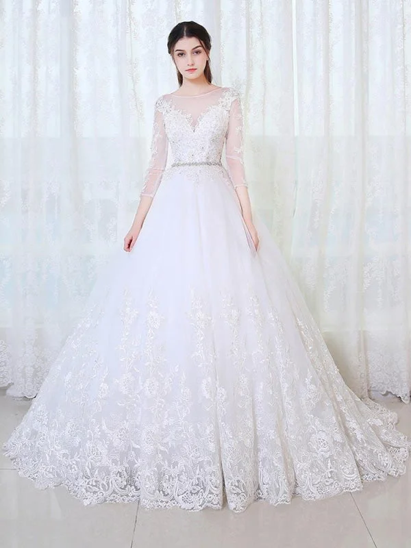 V-Neck 3/4 Sleeves Lace Ball Gown Wedding Dresses