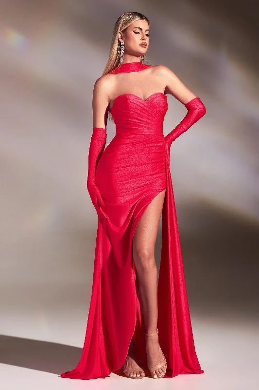 Cinderella Divine CD886 Strapless Long Fitted Prom Dress Hot Coral