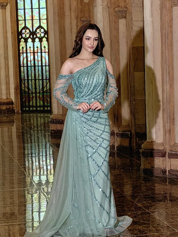 Glam Ball Gown Dylan & Davids Long Couture Long Sleeve Beaded Formal Dress Sage
