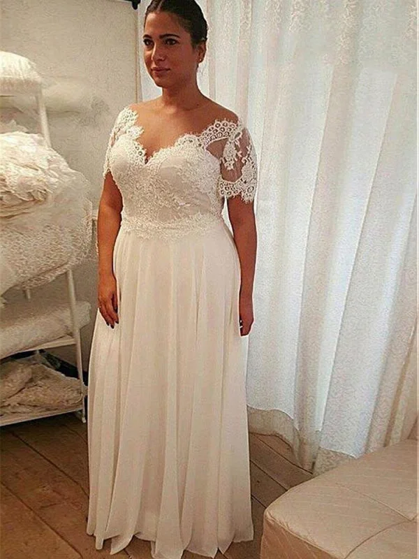 Elegant Half Sleeves V-Neck Lace A-Line Wedding Dresses