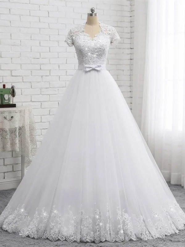 Elegant Short Sleeves Lace Beaded Tulle Wedding Dresses