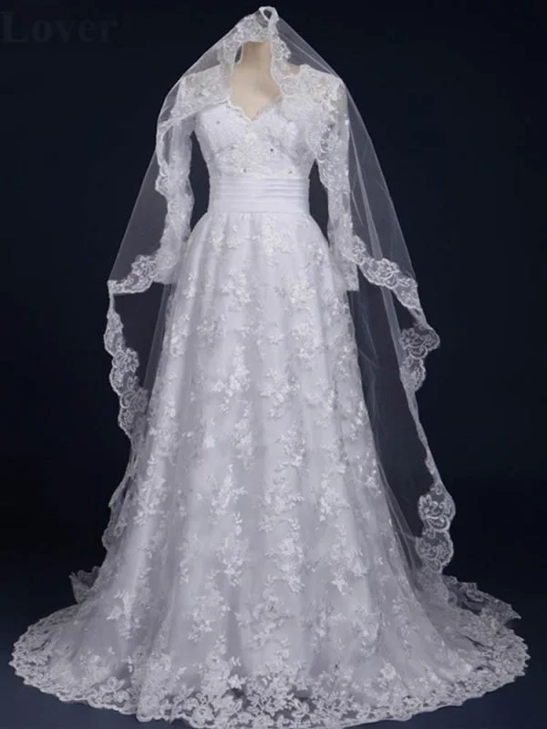 Elegant V-Neck Long Sleeves Covered Button Lace Wedding Dresses