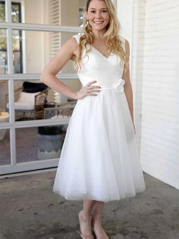 Elegant V-Neck Sleeveless Tea Length Lace Up Short Wedding Dresses