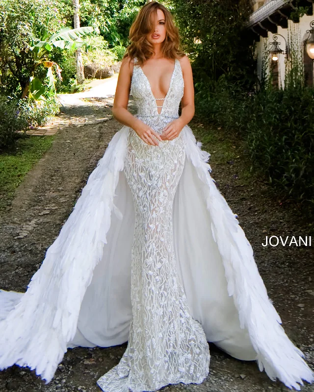 Jovani Couture S62942 Pageant Dress Feather Overskirt Wedding Gown Train