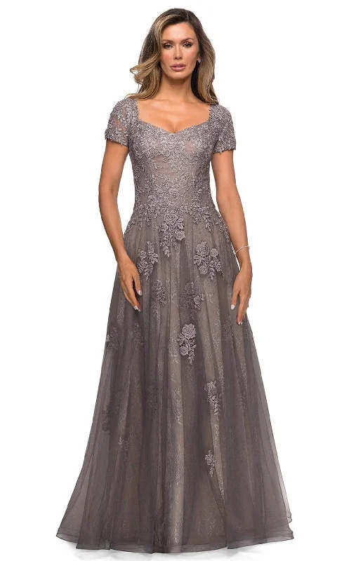 Rhinestone Embellished Dress La Femme - 28091 Floral Appliqued A-Line Evening Dress