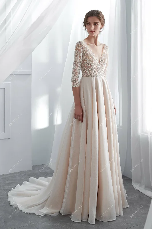 Luxury Champagne Wedding Dress with Geometric Beaded Lace