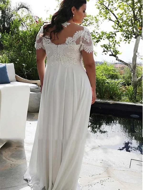 Modest Half-Sleeves V-Neck Lace Ruffles Wedding Dresses