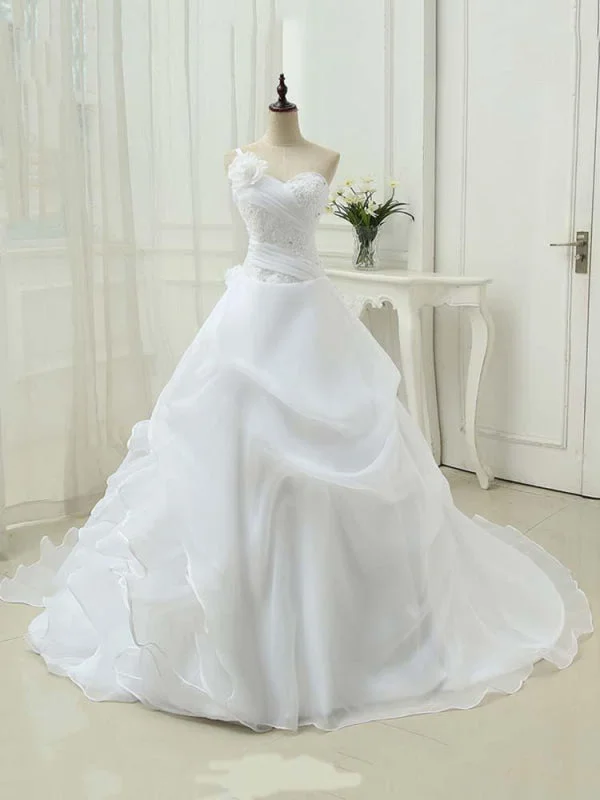 Modest One Shoulder Sweetheart Flower A-Line Wedding Dresses