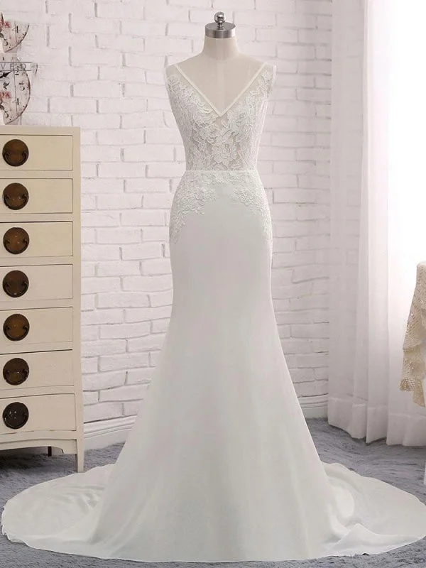 Modest V-Neck Lace Mermaid Wedding Dresses