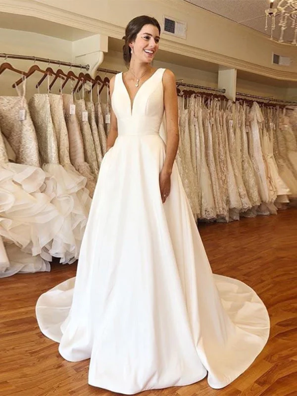 Modest V-Neck Sweep Train Ruffles Wedding Dresses