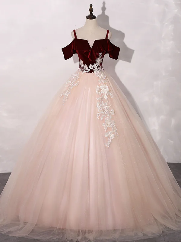 Elegant Cocktail Gown Pink/Burgundy Tulle Long Prom Dresses, A-Line Formal Sweet 16 Dress with Lace Elegant Cocktail Gown Pink/Burgundy Tulle Long Prom Dresses, A-Line Formal Sweet 16 Dress with Lace