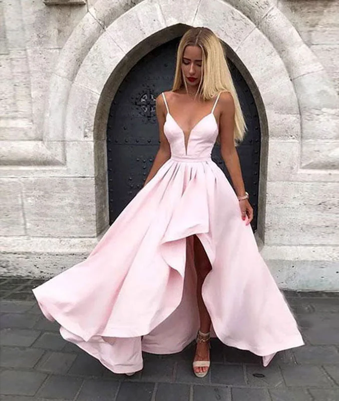 Pink v neck satin long prom dress, pink evening dress