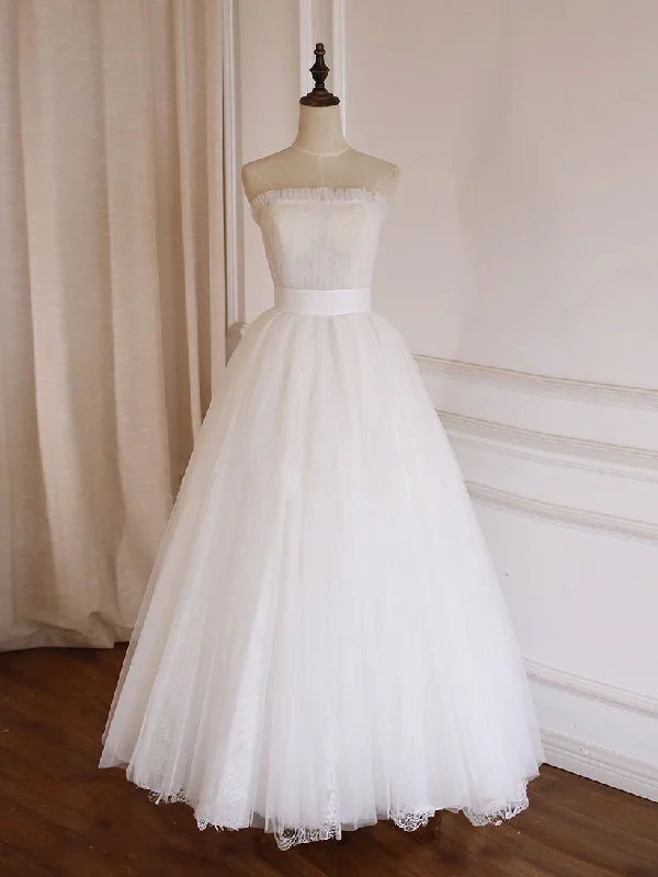 Figure-Flattering Gown Simple Lace Tea Length White Prom Dress, Tulle Lace Bridesmaid Dress Figure-Flattering Gown Simple Lace Tea Length White Prom Dress, Tulle Lace Bridesmaid Dress