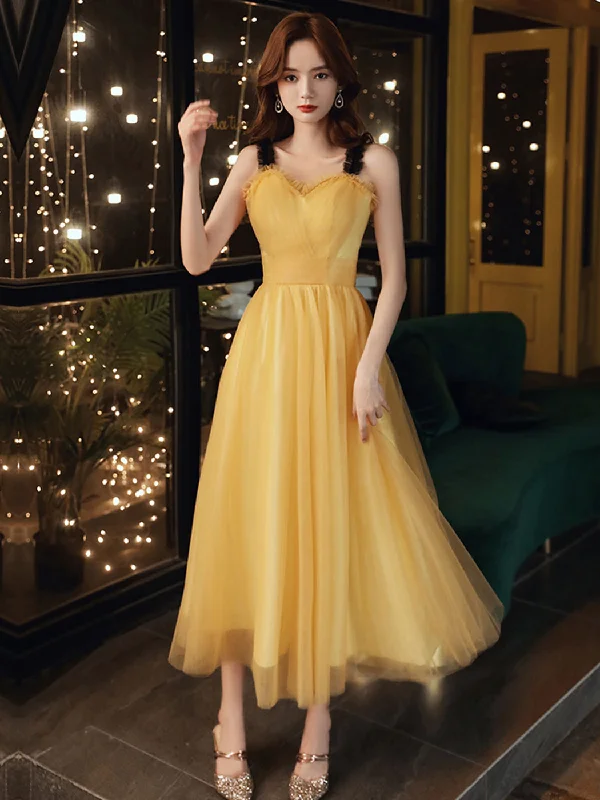 Satin Draped Gown Simple Yellow Sweetheart Neck Tea Length Prom Dress, Yellow Formal Dress Satin Draped Gown Simple Yellow Sweetheart Neck Tea Length Prom Dress, Yellow Formal Dress