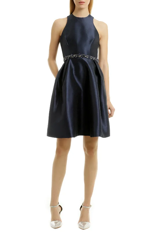 Sleeveless Navy Satin Homecoming Gown with Beaded Belt