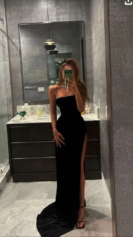 Ethereal Formal Gown Simple Black Prom Dress With High Split,DS3993
