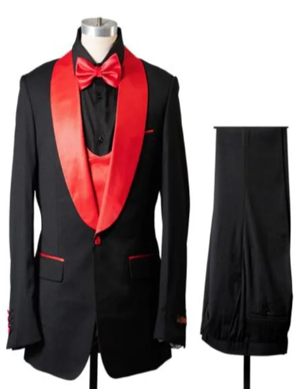 1 Button Shawl Lapel Tuxedo With Vest Black And Red