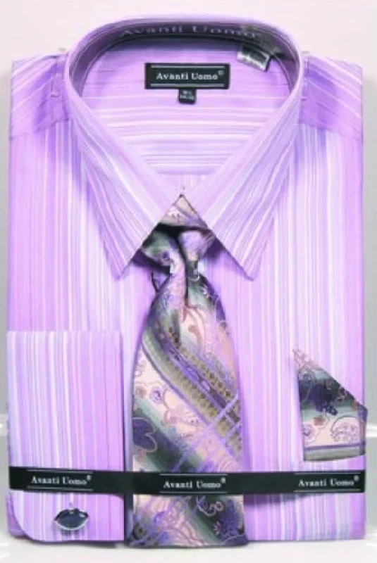 Men's French Cuff Contrast Collar Circle Print Dress Shirt & Tie Set in Black & Lilac Lavender