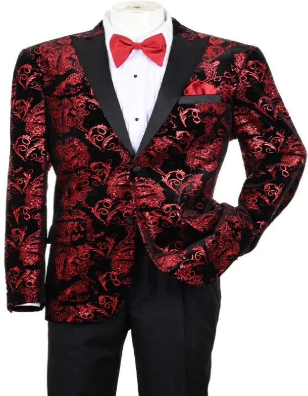 Mens Modern Fit Velvet Peak Label Floral Paisley in Red and Black