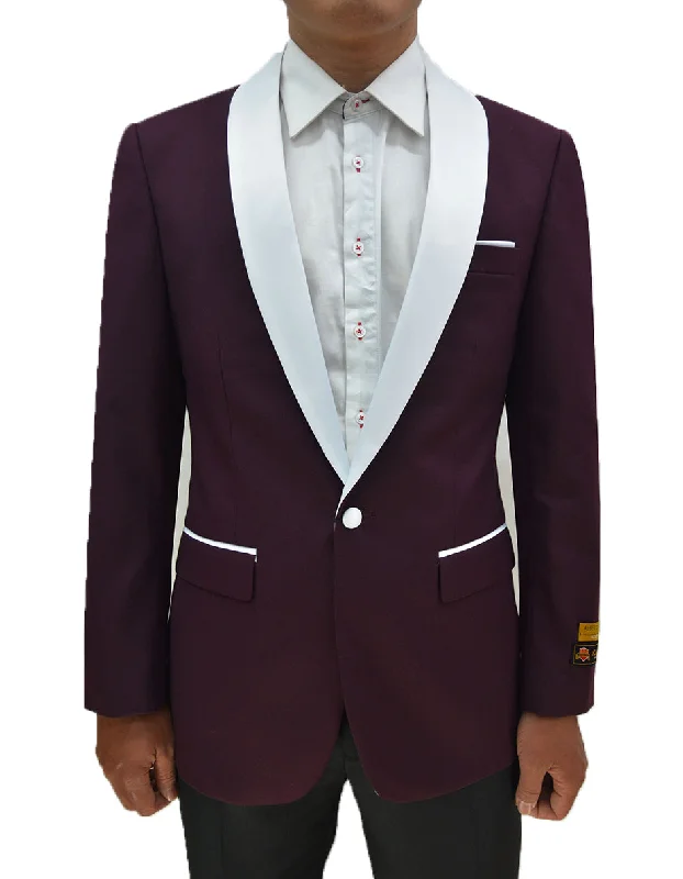 Mens One Button Contrast Shawl Collar Dinner Jacket Burgundy & White