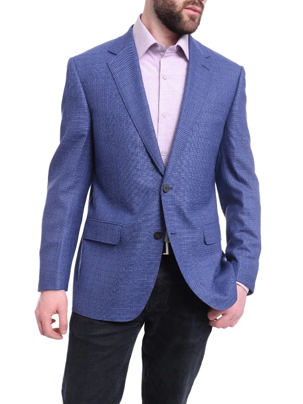 Napoli Classic Fit Blue Stepweave Half Canvas Wool Blazer Coat