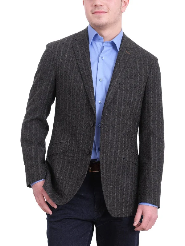 Napoli Gray Brown Striped Flannel Half Canvassed Wool Sportcoat Elbow Patches