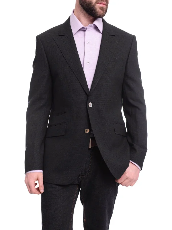 Napoli Slim Fit Black Textured Half Canvassed Zegna Wool Blazer Sportcoat