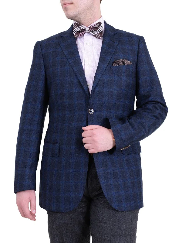 Zanetti Regular Fit Navy Blue Plaid Two Button Wool Blazer Sportcoat