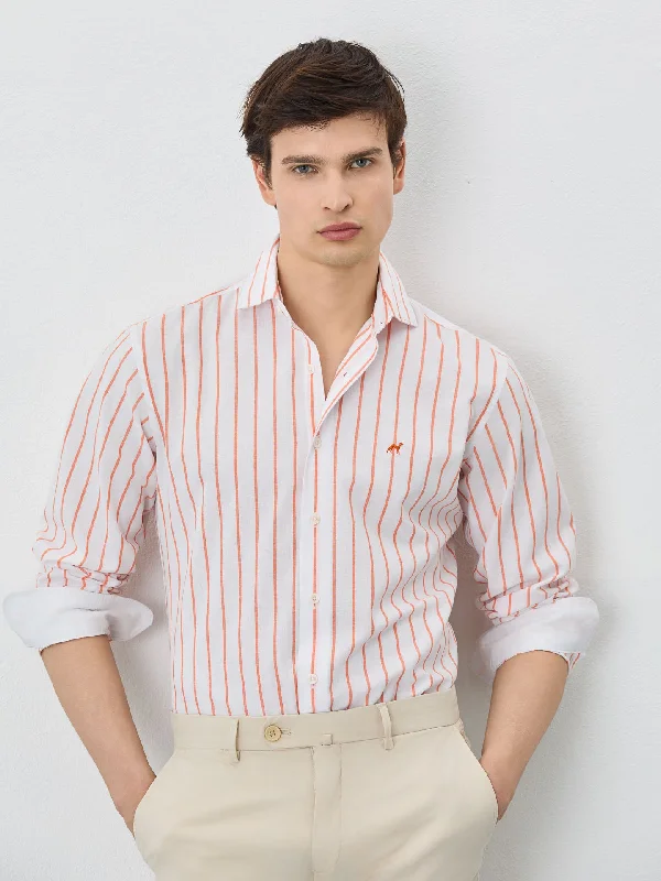 Slim Fit Shirt With Open Collar In Cotton-linen Blend With Stripes