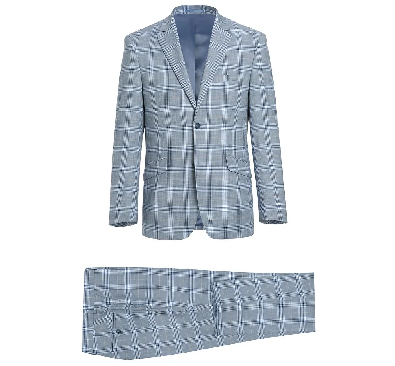 Stretch Performance 2-Button SLIM FIT Suit in Grey and Blue Windowpane Plaid (Short, Regular, and Long Available) by Renoir