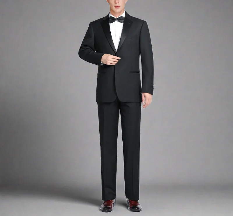 Super 140s Wool Satin Notched Lapel CLASSIC FIT Tuxedo in Black (Short, Regular, and Long Available) by Renoir