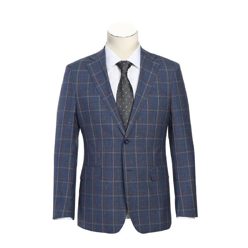 Wool Stretch with Linen Single Breasted SLIM FIT Suit in Steel Blue and Orange Plaid by English Laundry